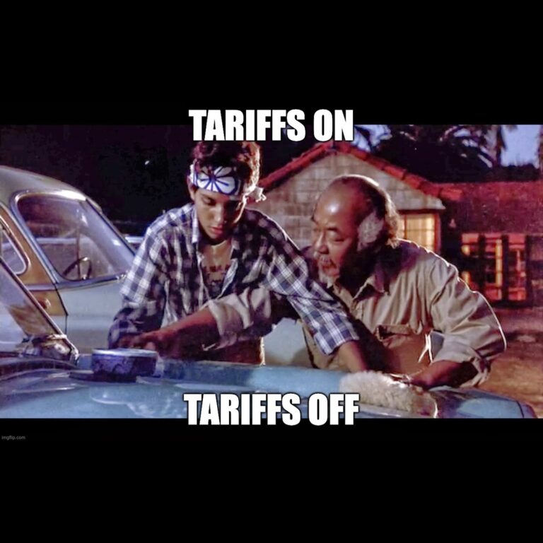 Karate Kid Mr Miyagi meme: Tariffs on, tariffs off