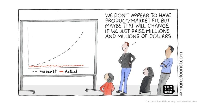 Cartoon by Tom Fishburne showing a team pushing a Product box toward a small Market hole, captioned 'Keep pushing — I think we're almost at Product-Market Fit!'